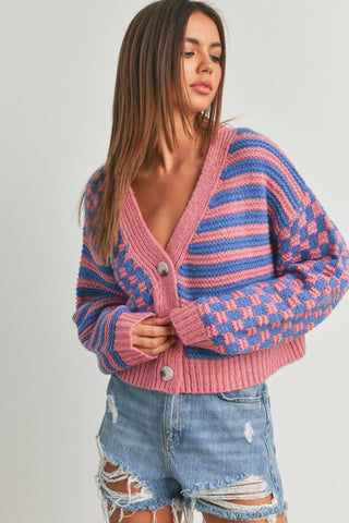 Oversized Button Down Checkered Stripe Cardigan (Mauve/Blue) ONLINE EXCLUSIVE