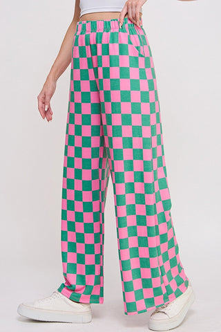 High Waist Checkered Straight Leg Knit Pants (Hot Pink/Green) ONLINE EXCLUSIVE