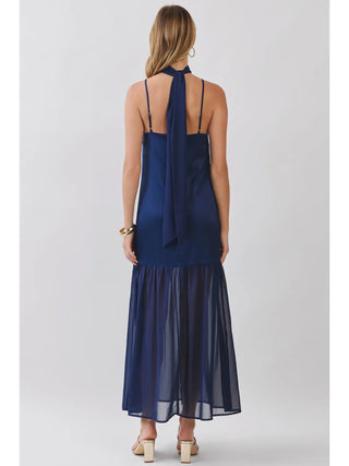 Chiffon Scarf Accent Maxi Dress (Navy)