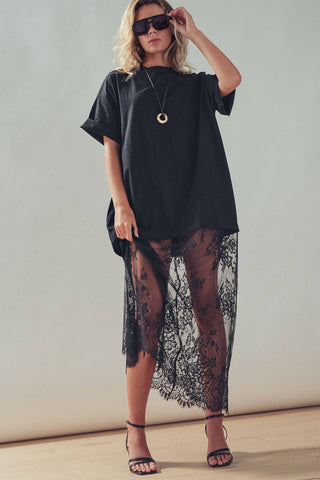 T-Shirt Dress with Sheer Lace Skirt (Black)