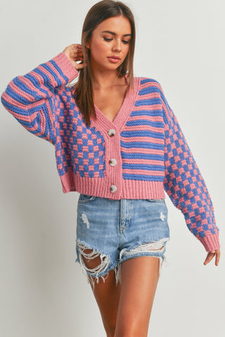 Oversized Button Down Checkered Stripe Cardigan (Mauve/Blue) ONLINE EXCLUSIVE