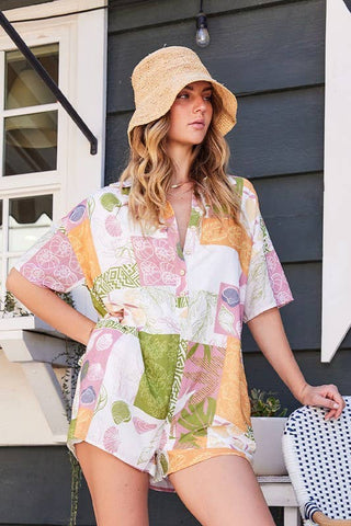 Printed Button Down Short Sleeve Romper (Multi)