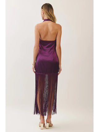 Satin Cowl Neck Fringe Halter Midi Dress (Purple)