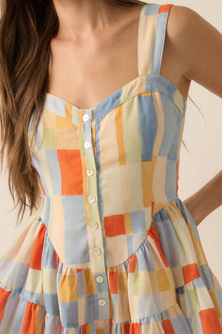 Multicolor Check-Print Ruffled Romper Dress (Blue Butter)