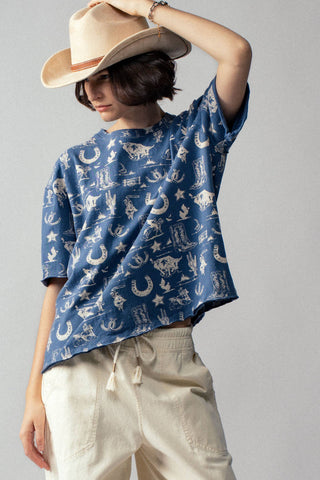 Western Graphic Print Relaxed Fit Tee (BLUE)