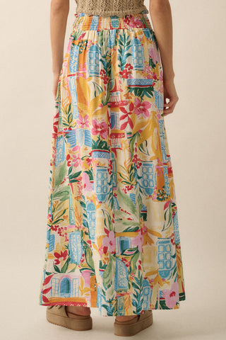 Multicolor Floral Yoke-Waist Buttoned Maxi Skirt (Cream)