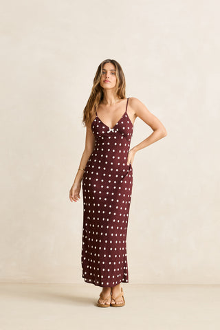 POLKA DOT BIAS MIDI DRESS (CAF) ONLINE EXCLUSIVE